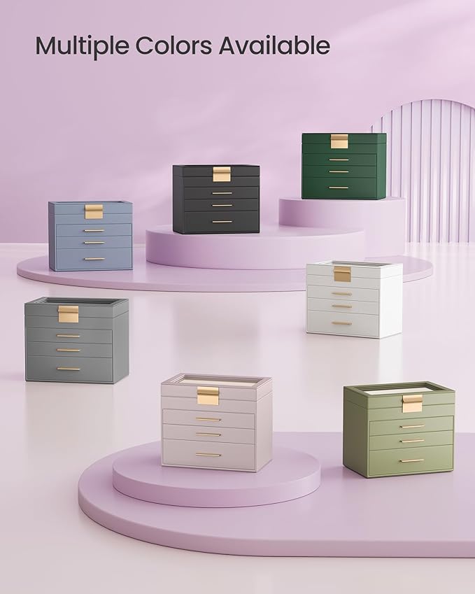 SONGMICS Jewelry Box Organizer with Glass Lid, 4-Layer Jewelry Storage, with 3 Drawers, Modern Style, 6 x 9.9 x 8.5 Inches, Lavender Purple and Gold Color UJBC161P01