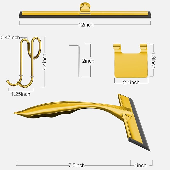 TOOVEM 12 Inch Shower Squeegee for Glass Doors, Window, Bathroom, Car Windshield, Shower Cleaning Tools with S Hook, Square Sticky Hook（Gold）
