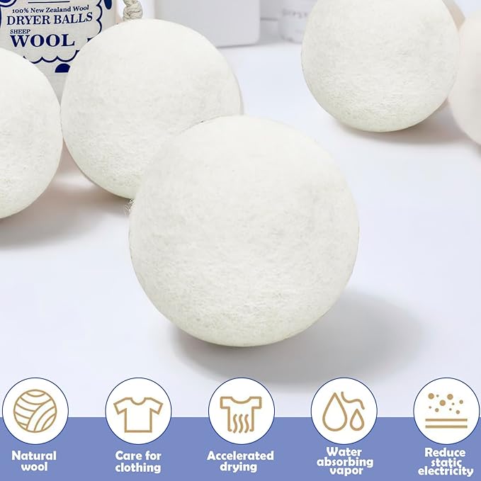 Reusable Wool Dryer Balls for Laundry, 6-Pack Handmade Drying Balls 2.36 in, Natural Fabric Softener, Helps Soften Clothes and Shorten Drying Time, with Cotton Storage Bag