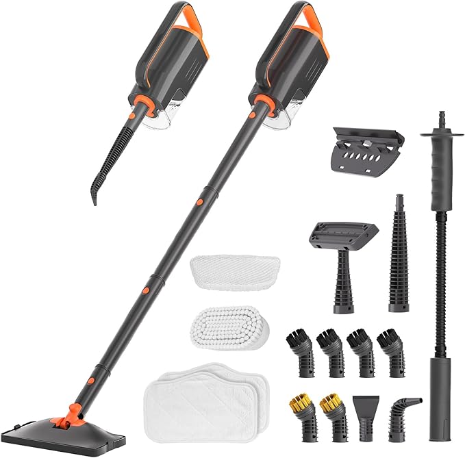 HelpX Steam Mop Cleaner with Detachable Handheld Steamer, 20 in 1 Wired Steam Cleaner with Multiple Accessories, Detachable Water Tank, Microfiber Pads for Floor Tiles Carpet and Grout Cleaning (Grey)