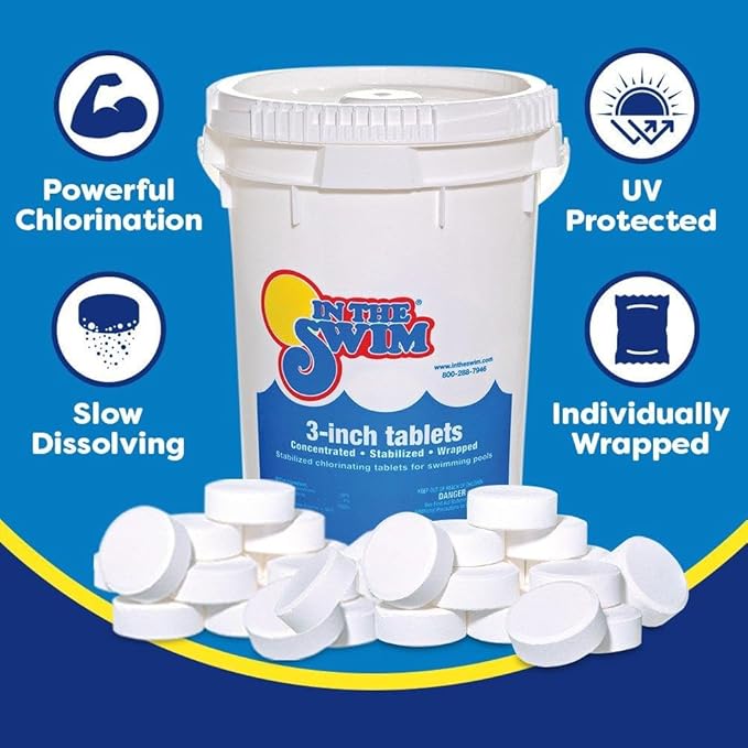 In The Swim Chlorine and Shock Bundle for Sanitizing Swimming Pools – Includes 25 Pound Bucket of 3 Inch Stabilized Chlorine Tablets and 12 x 1 Pound Bags of 68% Cal-Hypo Pool Shock