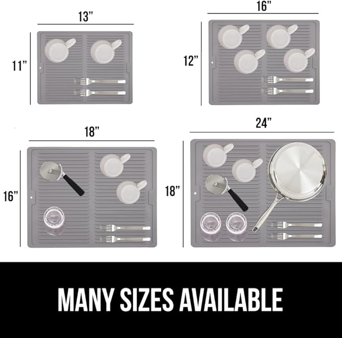 GORILLA GRIP 100% BPA-Free Patented Silicone Dish Drying Mat for Kitchen Counter, 18x24 Inch, Water Catching Ribbed Design, Easy Clean Waterproof Sink Liner, Heat Resistant, Fits Under Rack, Gray