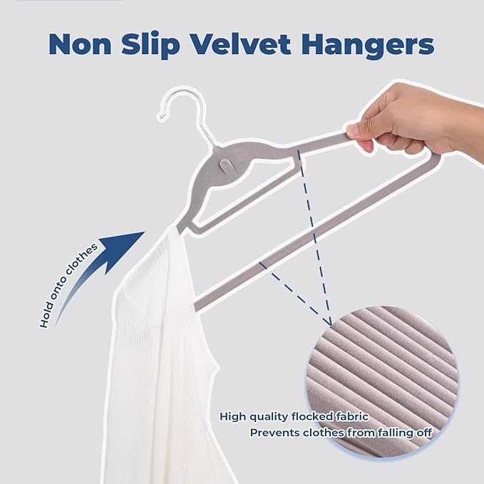 Limogoo Grey Velvet Hangers 50 Pack, Felt Covered Non Slip Fabric with Stackable Cascading Hook, Ultra Thin and Space Saving with 360° Swivel Neck, 15Lbs Capacity for Clothes, Suit, Shirt, Coat