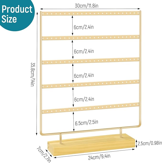 5 Tier 120 Hole Earring Holder Organizer, Rust Proof Metal and Wooden Base Jewelry Organizers and Storage for 60 Pairs of Earrings, Suitable for Home Storage and Sales Display