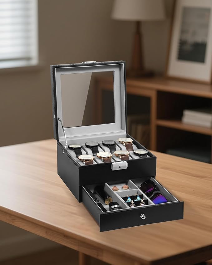 Uten 8-Slot Watch Box, 2-Layers PU Leather Watch Case with Glass Lid, Watch Holder Organizer with Soft Pillow and Velvet Lining, Watch and Jewelry Storage Box