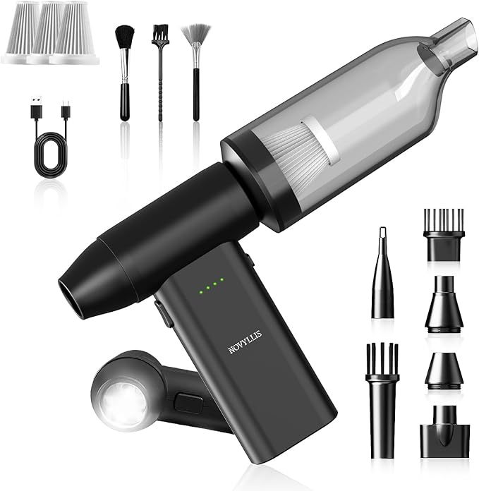 Novyllis Electric Compressed Air Duster Mini Blower Cordless with Computer Vacuum Cleaner kit Lighting 180,000 RPM 5 Speed Handheld 3 in 1 USB-C for pc Keyboards Home Car BBQ Grill
