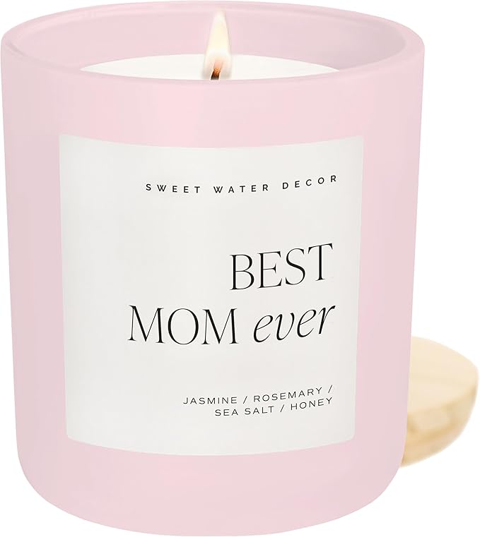 Sweet Water Decor Best Mom Ever Scented Candles - Soy Candles with Lemon, Rosemary, Jasmine, Honey, Violet, Sea Salt, Amber & Musk - Candle Wax with 70 Hours Burn Time - 15Oz Pink Matte Jar Candles