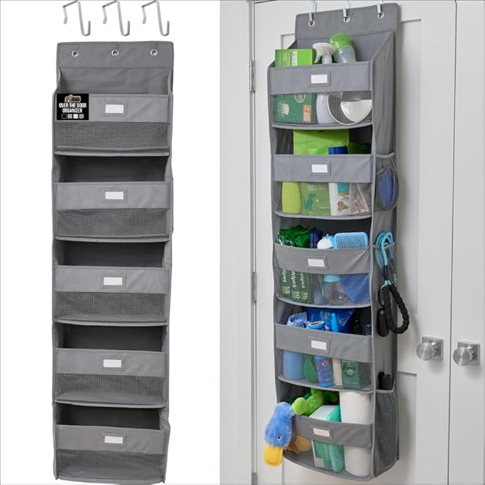 GORILLA GRIP Large Capacity Closet Organizer, 5 Deep Shelves, Holds 50lbs, Over The Door Organizers 6 Mesh Pockets, Shelf Storage for Clothes Crafts Dorm Essentials, 3 Metal Hooks, 58x15 Inches, Gray