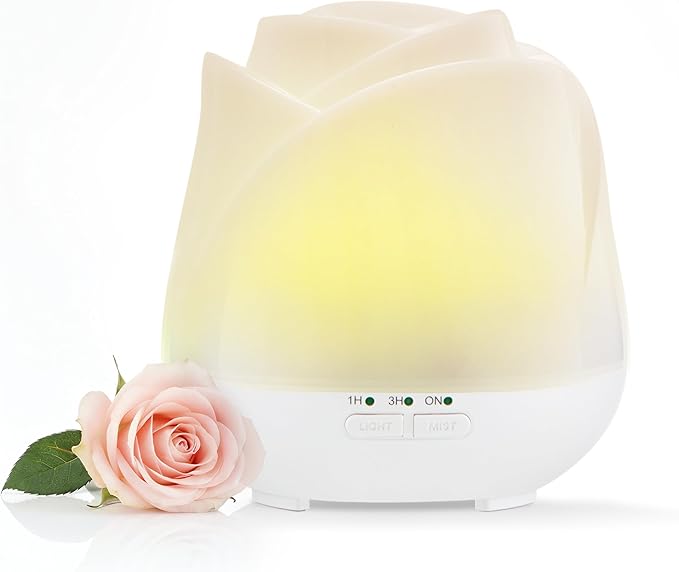 Earnest Living Rose Essential Oil Diffuser 150ml – Mini Ultrasonic Aromatherapy Humidifier for Bedroom & Desk, Quiet Mist, USB Powered, 7-Color Night Light, BPA for Women – Solid White