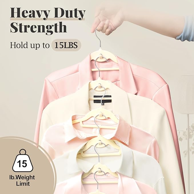 UEAKPIC Velvet Hangers 50 Pack, S-Shaped and Stackable Non Slip with 360°Swivel Hook, Ultra Thin and Space Saving Flocked, for Suits, Shirts, Coats, 15Lbs Capacity Heavy Duty, Ivory