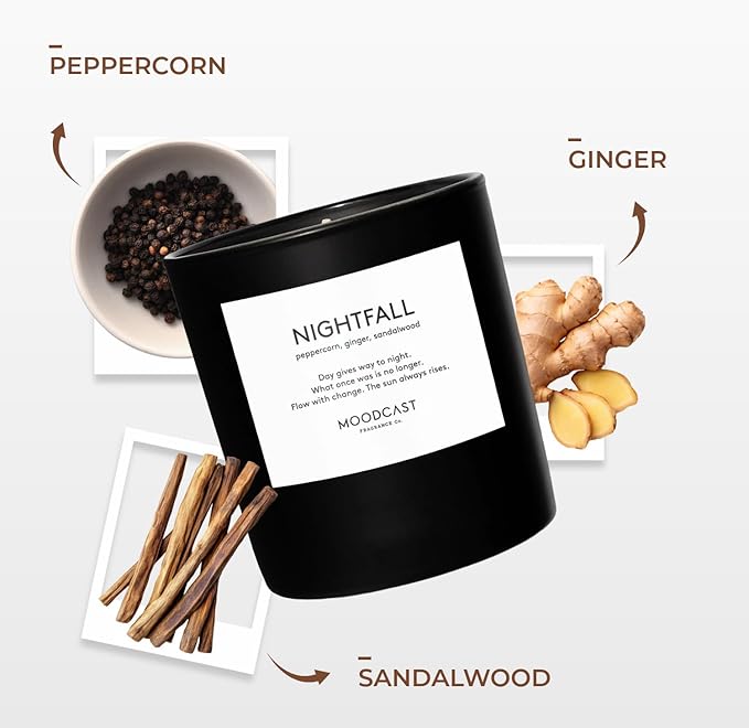 Moodcast Nightfall Scented Candle – Aesthetic Candle for Home, Peppercorn, Ginger & Sandalwood, Clean Coco Wax Blend, Vegan, Paraben-Free, 45-Hour Long Lasting Burn – 8oz