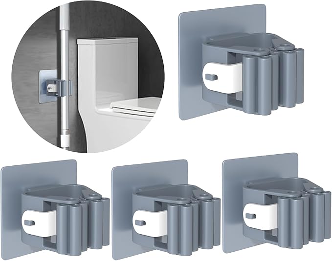 3-H 4-Pack Self Adhesive Broom Holder Wall Mount - Heavy Duty No Drill Broom Organizer for Garage Closet Kitchen, Plastic Storage Rack for Brooms Mops Tools, Peel and Stick Adhesive