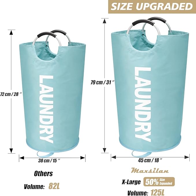 Maxsilan 125L X-Large Laundry Basket, Freestanding Tall Clothes Hamper, Collapsible Laundry Bag, Light Blue