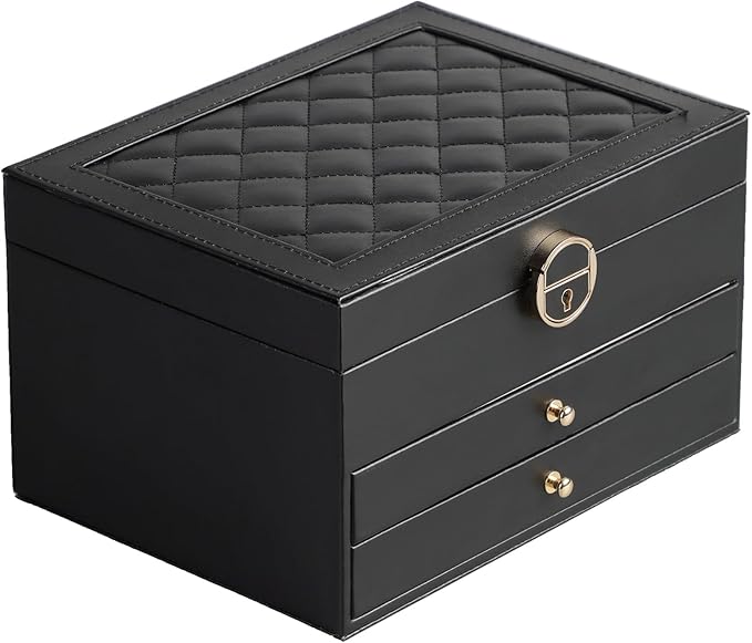 GUOER Jewelry Box for Women Girl Wife 3 Layers Large PU Leather Jewelry Organizer Storage Case with Two drawers Display for Earrings Bracelets Rings Watches (Black)