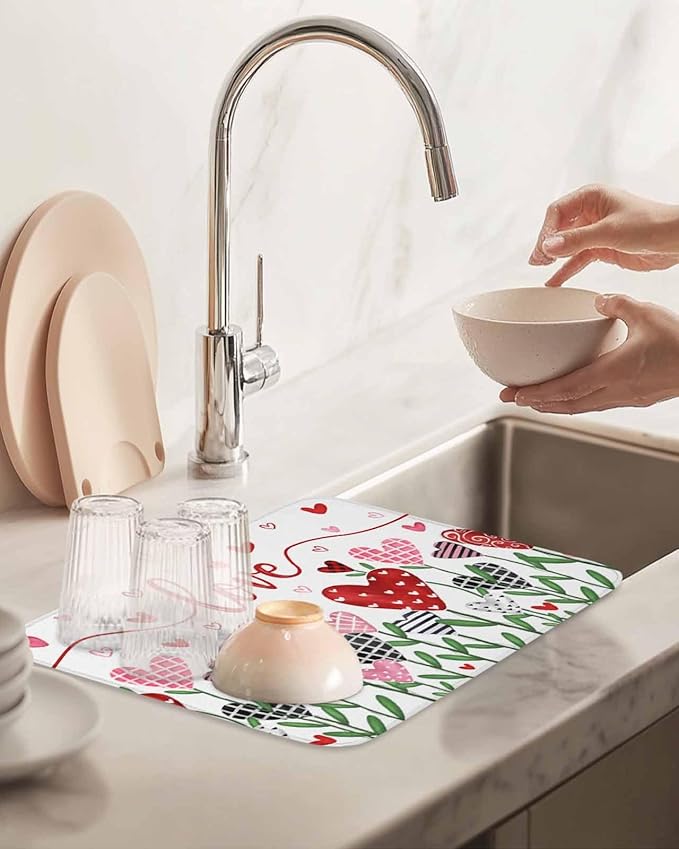 Valentine's Day Dish Drying Mat for Kitchen Counter Pink Red Love Drying Pad Absorbent Drying Mats for Countertops Sinks Draining Racks Romantic Drainer Valentines Holiday Decorations 16x18 Inch