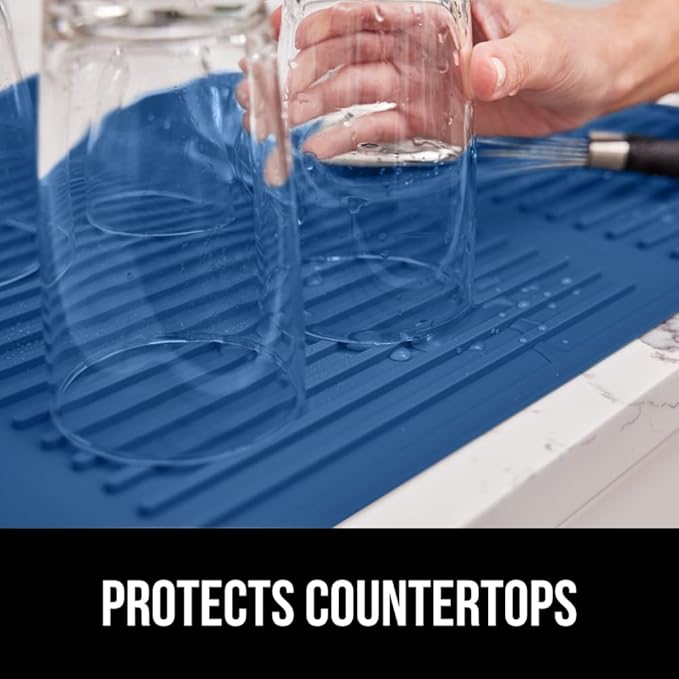 GORILLA GRIP 100% BPA-Free Patented Silicone Dish Drying Mat for Kitchen Counter, 18x24 Inch, Water Catching Ribbed Design, Easy Clean Waterproof Sink Liner, Heat Resistant, Fits Under Rack, Blue