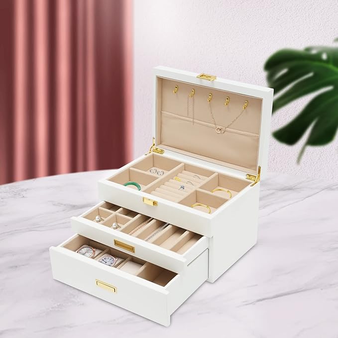 Jewelry Case 3 Layers Jewelry Organizer Jewelry Storage Containers Watch Display Case Necklaces Rings Multi-Function Storage Box with Pull-out Drawer, White (White)