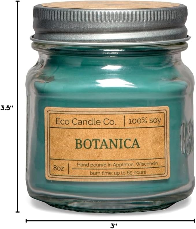 ECO CANDLE CO. Mason Jar Candle, Botanica, 8 oz. - Scents of Pine, Lavender, & Moss - 100% Soy Wax, No Lead, Kraft Label & Antiqued Pewter Lid, Hand Poured, Made from Midwest Grown Soybeans