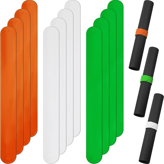 Charniol 12 Pieces Wrapping Paper Roll Holder Holiday Flip Wraps Silicone Covered Metal Strips Flip 1 x 9 Inch Stabilizer Slap Band for Poster Gift Paper Vinyl Storage Organize (Green,Orange,White)