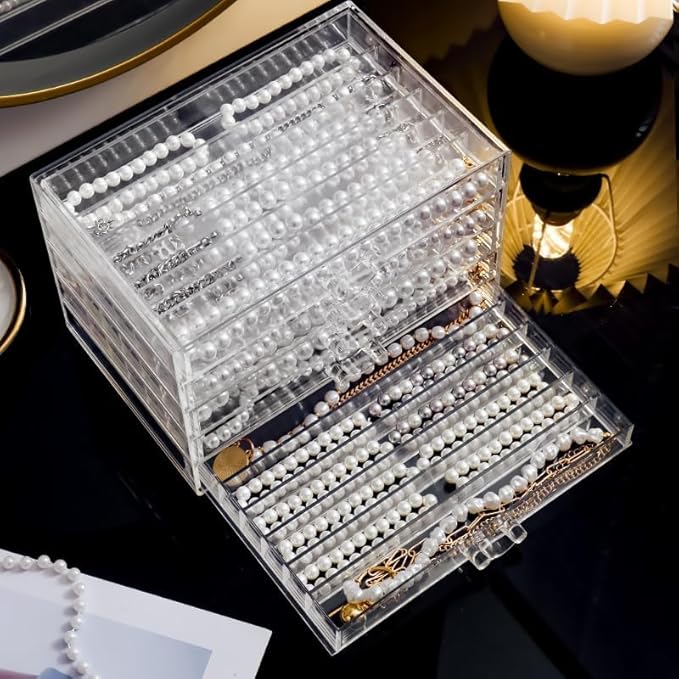 Necklace Box Tray with 5 Clear Drawers, Dustproof Necklaces Holder Storage Display Case, Necklace Tray Drawer for Pendant Suitable for Women and Girls (Transparent)