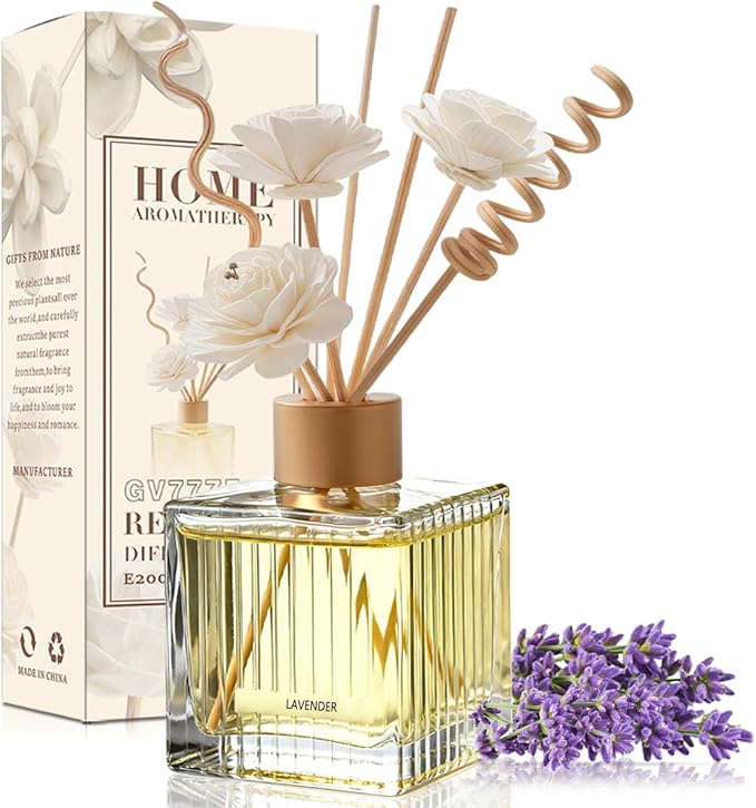 Lavender Reed Diffuser Set - 6.7 oz Glass Bottle with 4 Rattan Sticks, 3 Dried Flowers | Adjustable, Long-Lasting Scent for Home, Bedroom, Living Room, Office, Bathroom | Aromatherapy Gift Set