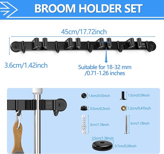 3-H Magnetic Broom Holder Wall Mount 1 Pack, 2-in-1 Dual Mount (No Drill or Screw Fix), 304 Stainless Steel Heavy Duty Magnet Mop Broom Organizer for Kitchen Garden Garage(4 Racks & 5 Hooks,Black)