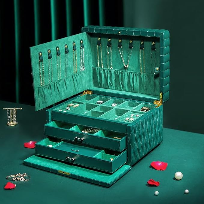 Genuine Leather Jewelry Box – 3 Layer Large Jewelry Organizer with Mirror, Lockable Jewelry Box for Women – Necklace, Ring, Earring Organizer with Drawer - Valentine's Day Gifts(Green)