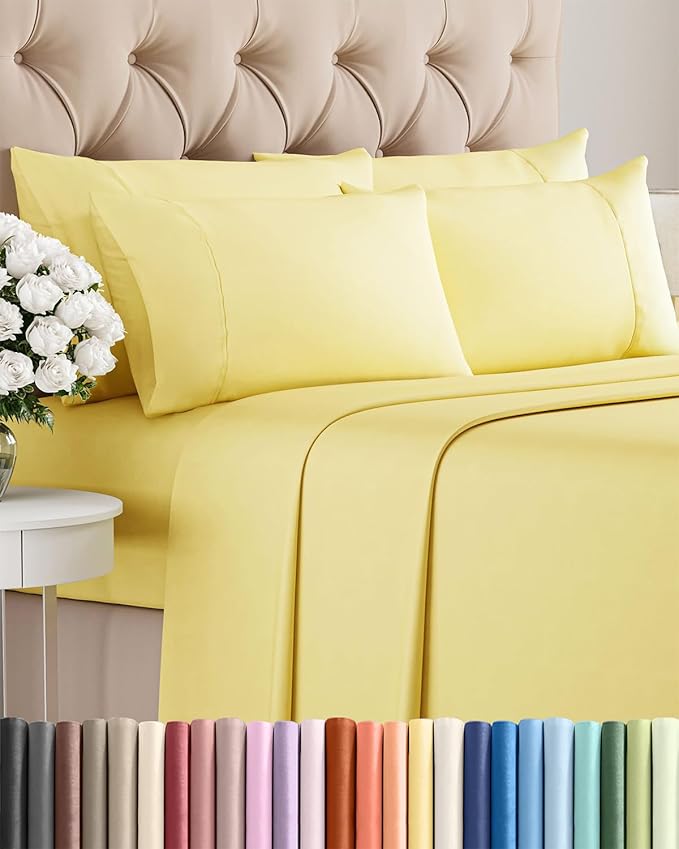 Cal King Sheet Set 6 Piece - Bed Sheets California King Size - Soft Hotel Luxury Bedding - Cooling, Comfy & Breathable - 1 Flat, 1 Fitted & 4 Pillowcases w/ Deep Pockets - Wrinkle & Fade Free - Yellow