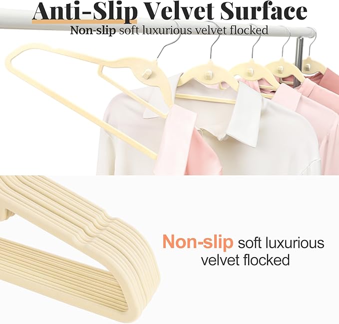 UEAKPIC Velvet Felt Stackable Hangers 50 Pack, Non Slip, with 360° Swivel Hook, Ultra Thin and Space Saving for Suits, Shirts, Coats, 15Lbs Capacity Heavy Duty, Ivory