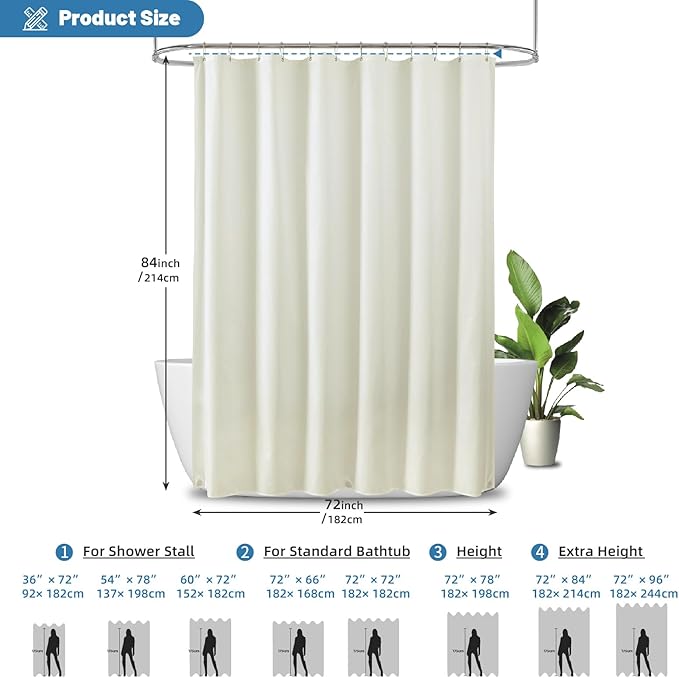 THAIGEE Water-Repellent Fabric Shower Curtain Liner - Hotel Quality Machine Washable, 3 Heavy-Duty Magnets with Rustproof Grommets & Weighted Hem, Standard Size 72x84in Cream