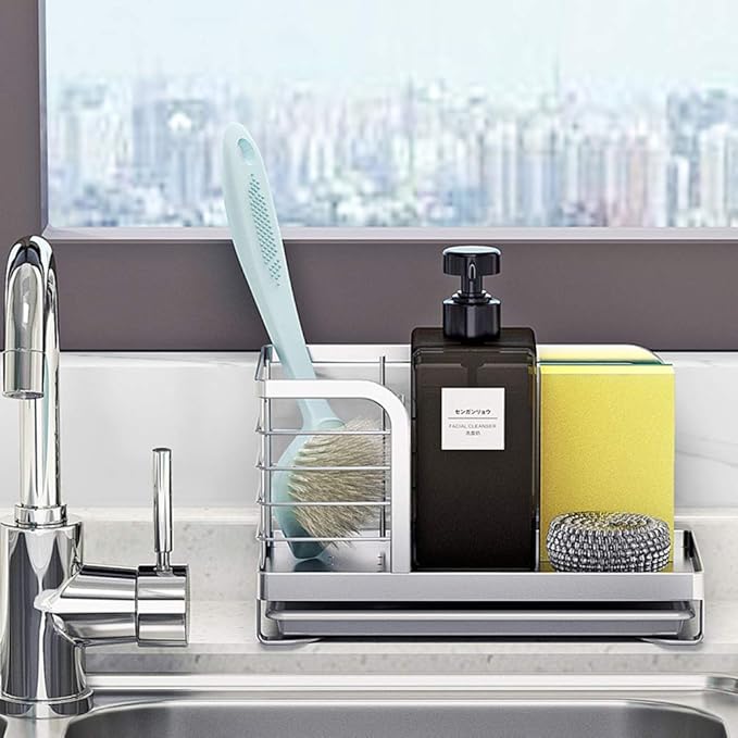 MINGFANITY Kitchen Countertop Dish Soap and Dishwashing Brush Holder, SUS 304 Stainless Steel Sponge Organizer, Basket for Cleaning and Scrub Tool, Kitchen Sink Brush Caddy Holder