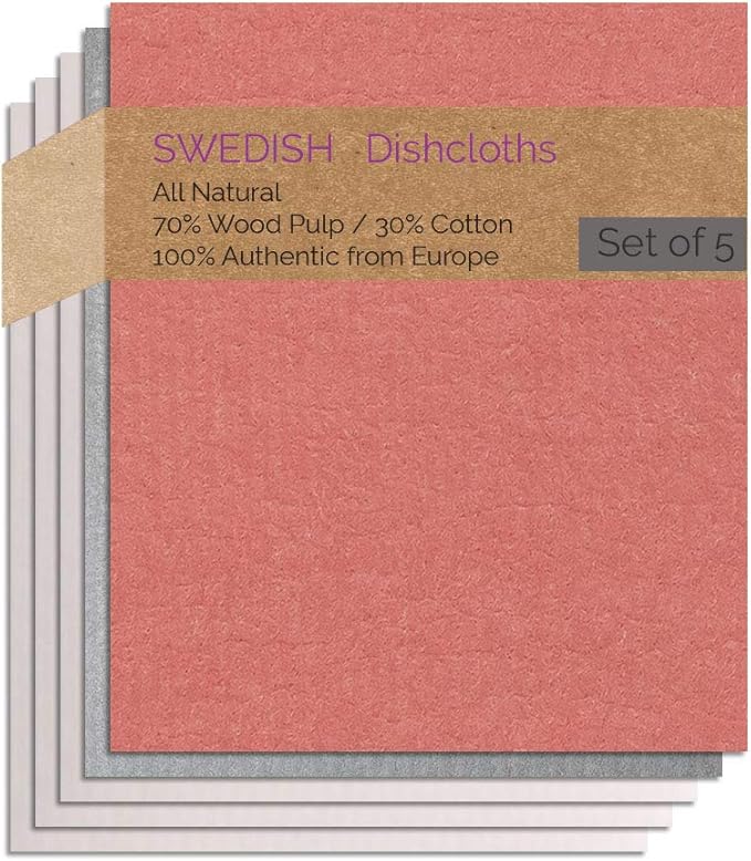 SWEDEdishcloths - Cellulose Sponge Dish Towels - Set of 5 (1 Red, 1 Gray, 3 Natural) Swedish Dish Cloths