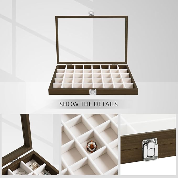 Wudygirl Wooden Jewelry Box 40 Grid Jewelry Organizer Jewelry Tray with Lid Vintage Earring Holder Organizer Jewelry Display for Rings Earrings Bracelets Adjustable Divider (Beige 40 Grid)