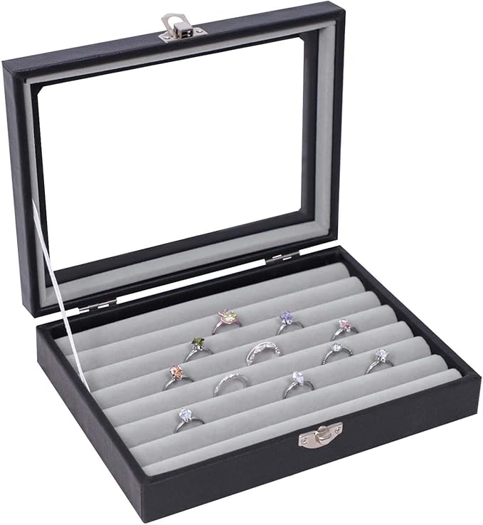 Stratalife Jewelry Display Case Leather Ring Box with Glass Top Ring Organizer for Women Compact Ring Holder Small Tray for Jewelry Storage Box with Lid Gray
