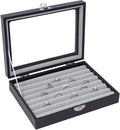 Stratalife Jewelry Display Case Leather Ring Box with Glass Top Ring Organizer for Women Compact Ring Holder Small Tray for Jewelry Storage Box with Lid Gray