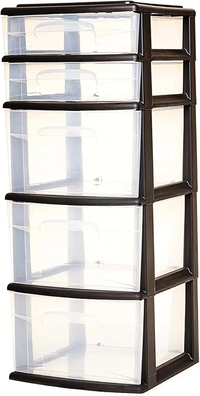 HOMZ Drawer Tower, 5-Tier Clear Plastic Storage Organizer Unit, Black Frame - Multi-Purpose Container Drawers for Bedroom, Bathroom, and Office Organization