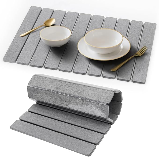 Stone Drying Mat for Kitchen Counter, Quick Diatomaceous Earth Mats for Dishes, 23.6"L x 15.7" W Super Absorbent Fast Drying Collapsible Countertop Stone Mat (Light Grey, Extra Large)