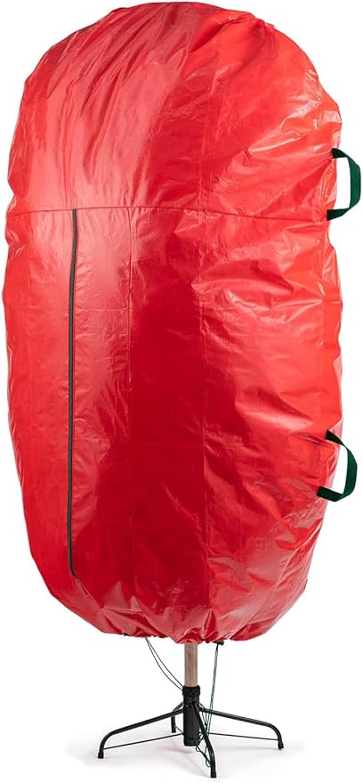 ZOBER Upright Christmas Tree Storage Bag With Drawstring Hem- Fits 7.5 Ft Trees - Plastic, Waterproof Christmas Tree Bag For Storage Box For Xmas - Strong, Durable Handles - Red