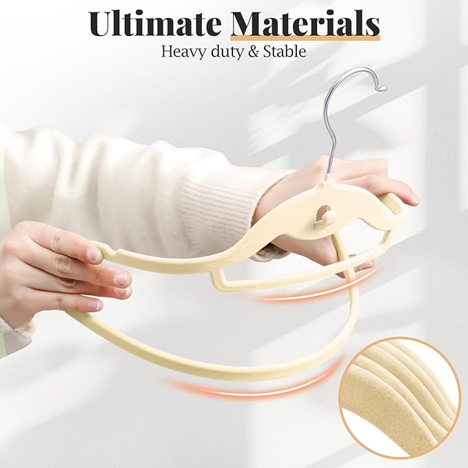 UEAKPIC Velvet Felt Stackable Hangers 50 Pack, Non Slip, with 360° Swivel Hook, Ultra Thin and Space Saving for Suits, Shirts, Coats, 15Lbs Capacity Heavy Duty, Ivory