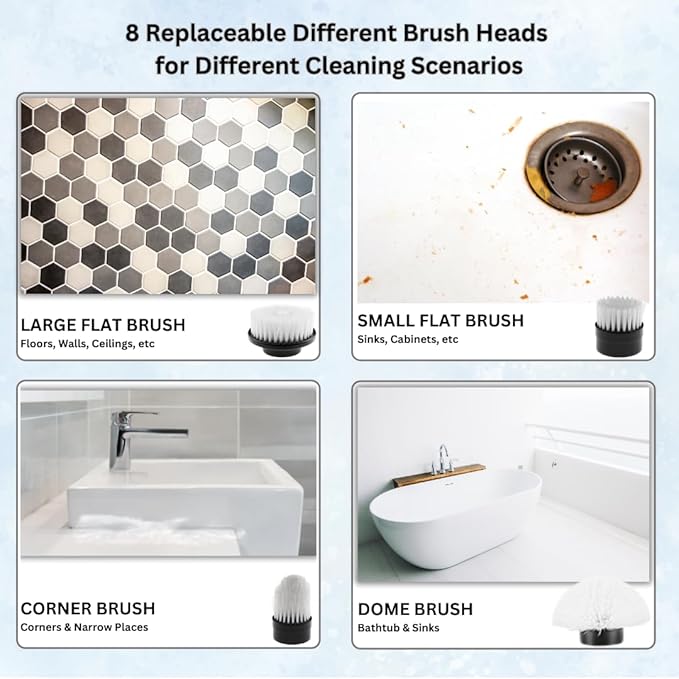 Electric Spin Scrubber, Cordless Cleaning Brush with 8 Replaceable Heads, Adjustable Handle, Dual Speed Power Scrubber for Bathroom, Bathtub, Floor, Tile, and Kitchen Cleaning