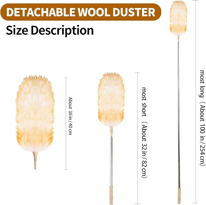 FeelfunFeather Extendable Cleaning Duster,Extra-Long Telescoping Feather Dusters with Stainless Steel Extension Pole Up to 100" for Cleaning High Ceiling Fan, High Ceilings,Furniture