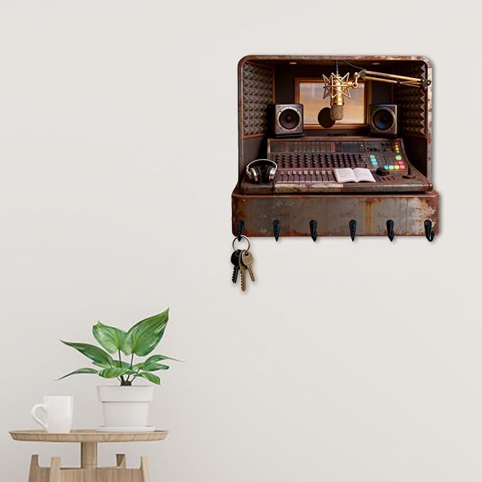 Personalized 2D Flat Print Music Producer Themed Wall Hooks for Women Men Family Friends Custom Music Recording Studio Key Storage Holder Radio Station Coat Rack Home Decor Gift for Culb Living Room