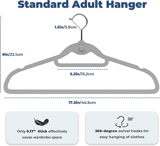 Limogoo Grey Velvet Hangers 50 Pack, Felt Covered Non Slip Fabric with Stackable Cascading Hook, Ultra Thin and Space Saving with 360° Swivel Neck, 15Lbs Capacity for Clothes, Suit, Shirt, Coat
