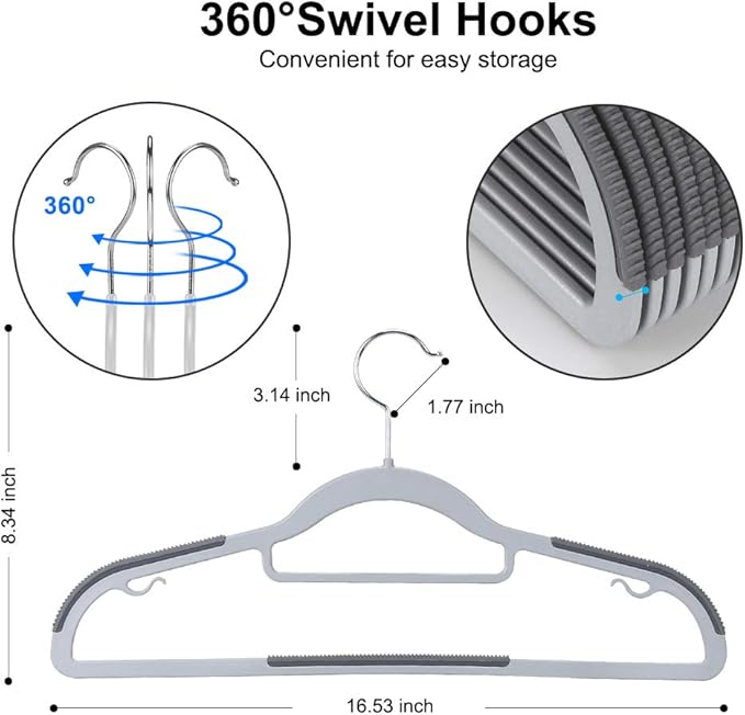 FSUTEG Coat Hangers, Pack of 50 Plastic Clothes Hangers, Space-Saving,Super Non-Slip,11lb Weight Capacity (Grey)