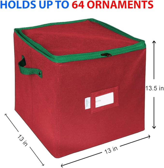 ProPik Christmas Ornament Storage Box, 4 Tier Holds Up to 64 Holiday Ornaments Decoration Balls, Storage Container with Dividers for 3” Bulbs, Made with Durable Oxford Polyester Material (Red)