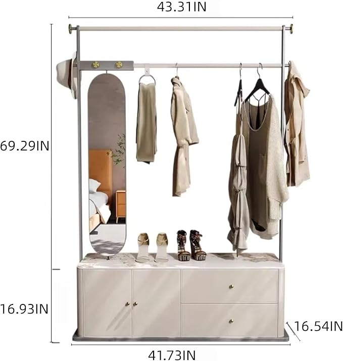 Clothes Rack 43.31IN (Double Storage Drawers) (Dressing Mirror) White Metal Freestanding Hanging Heavy Duty Organizer