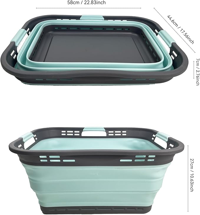 SAMMART 42L (11 Gallon) Collapsible Plastic Storage Basket - Foldable Pop Up Storage Container/Hamper - Portable Laundry Organizer - Space Saving (Grey/Lake Green, 42L (Style A))