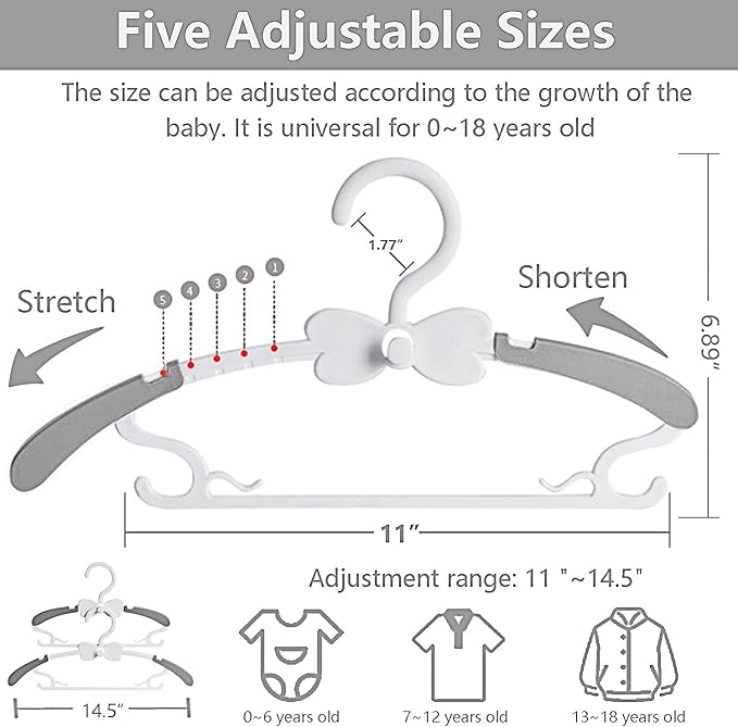 Kids Hangers for Closet, 30 Pack Baby Clothes Hanger, Adjustable Toddler Hangers for Boy Nursery, Cascading Plastic Perchas for Newborn Babies Children Infant, Space Saving Perchas Bebés, Grey