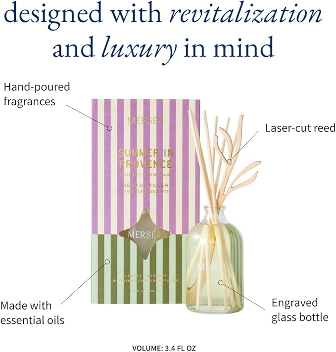MERSEA Summer in Provence Bamboo Reed Diffuser, Scented Glass Oil Diffuser (3.4 fl oz)