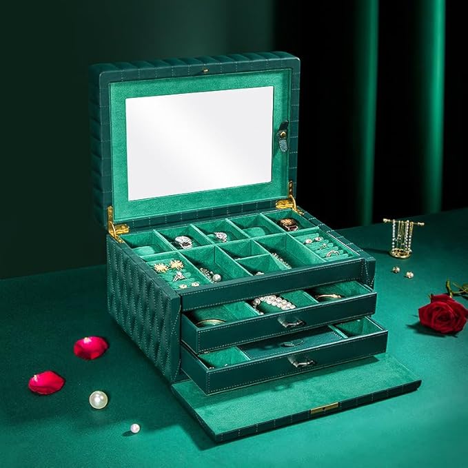 Genuine Leather Jewelry Box – 3 Layer Large Jewelry Organizer with Mirror, Lockable Jewelry Box for Women – Necklace, Ring, Earring Organizer with Drawer - Valentine's Day Gifts(Green)